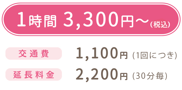1時間3,300円から、交通費1,100円(1回につき)、延長料金2,200円(30分毎)