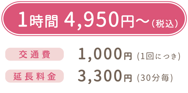 1時間4,950円から、交通費1,100円(1回につき)、延長料金3,300円(30分毎)